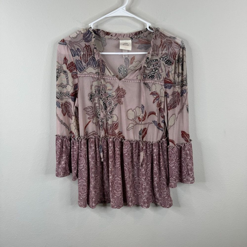 Knox Rose Womens Top Blouse Size XS Semi Sheer Bell Sleeve‎ Boho V Neck